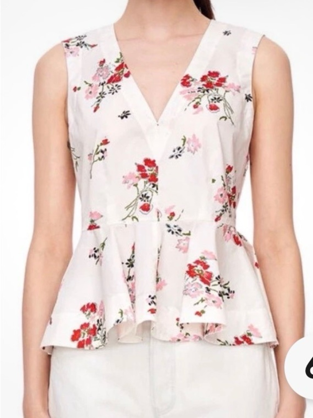 Rebecca Taylor Sleeveless Marguerite White Floral V-Neck Peplum Top